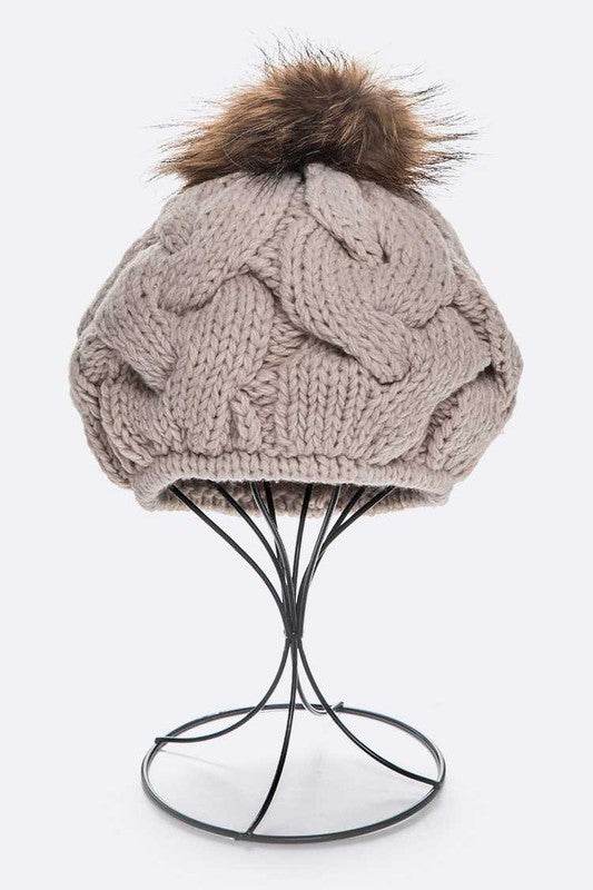 Cotton Cable Knit Large Fur Pom Beanie - Shop Style & More | Fresh Looks, Everyday Deals & Free Shipping
