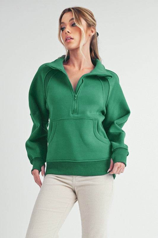 Aemi + Co Half Zip Raglan Sleeve Sweatshirt with Kangaroo Pocket - Shop Style & More | Fresh Looks, Everyday Deals & Free Shipping