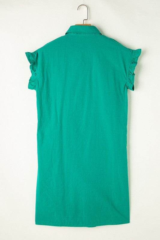 Green Shirred Ruffle Sleeve Button Up Short Dress - Shop Style & More | Fresh Looks, Everyday Deals & Free Shipping