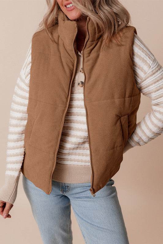 Coffee Corduroy Stand Neck Zipped Puffer Vest - Shop Style & More | Fresh Looks, Everyday Deals & Free Shipping