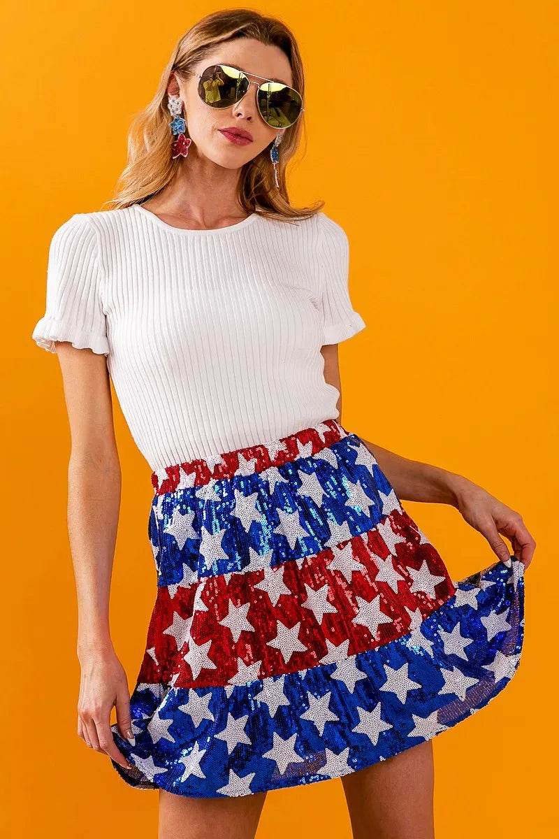 BiBi American Flag Theme Star Sequin Tiered Skirt - Shop Style & More | Fresh Looks, Everyday Deals & Free Shipping