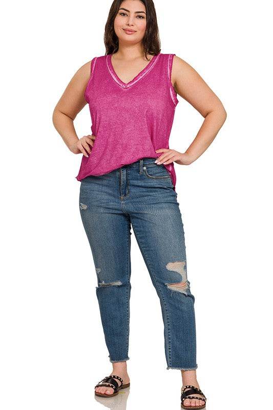 Plus Washed Raw Edge V-Neck Tank Top - Shop Style & More | Fresh Looks, Everyday Deals & Free Shipping