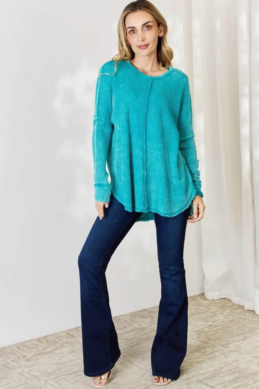 Zenana Oversized Washed Waffle Long Sleeve Top - Shop Style & More | Fresh Looks, Everyday Deals & Free Shipping