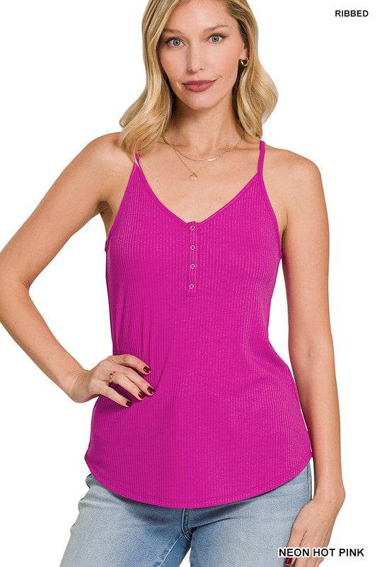 Ribbed Half Snap Button Closure Cami Top - Shop Style & More | Fresh Looks, Everyday Deals & Free Shipping