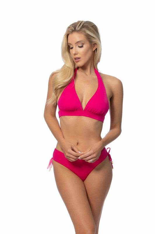 SOLID HALTER BIIKINI SET WITH RUCHING SIDE BOTTOM - Shop Style & More | Fresh Looks, Everyday Deals & Free Shipping