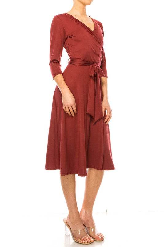 Solid faux wrap dress with deep V-neck - Shop Style & More | Fresh Looks, Everyday Deals & Free Shipping