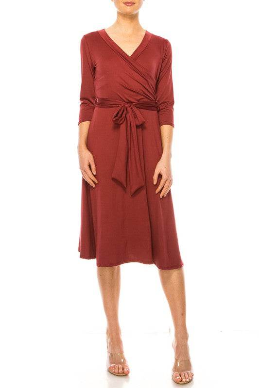 Solid faux wrap dress with deep V-neck - Shop Style & More | Fresh Looks, Everyday Deals & Free Shipping