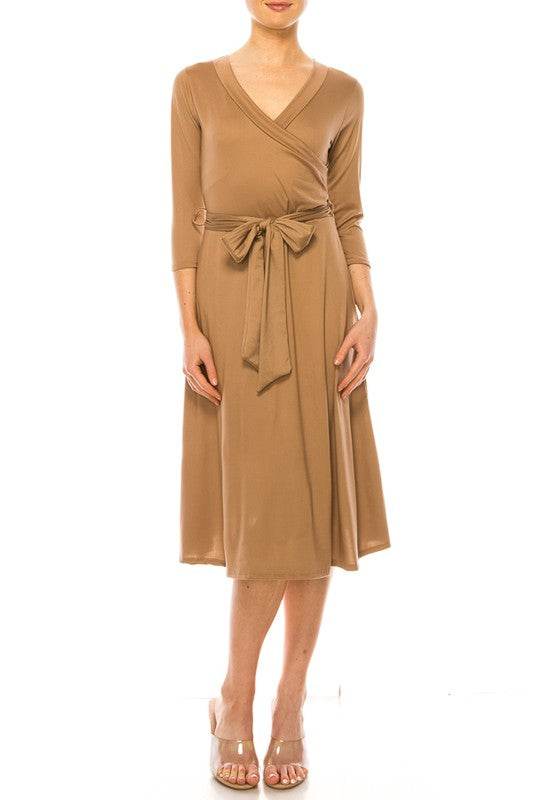 Solid faux wrap dress with deep V-neck - Shop Style & More | Fresh Looks, Everyday Deals & Free Shipping
