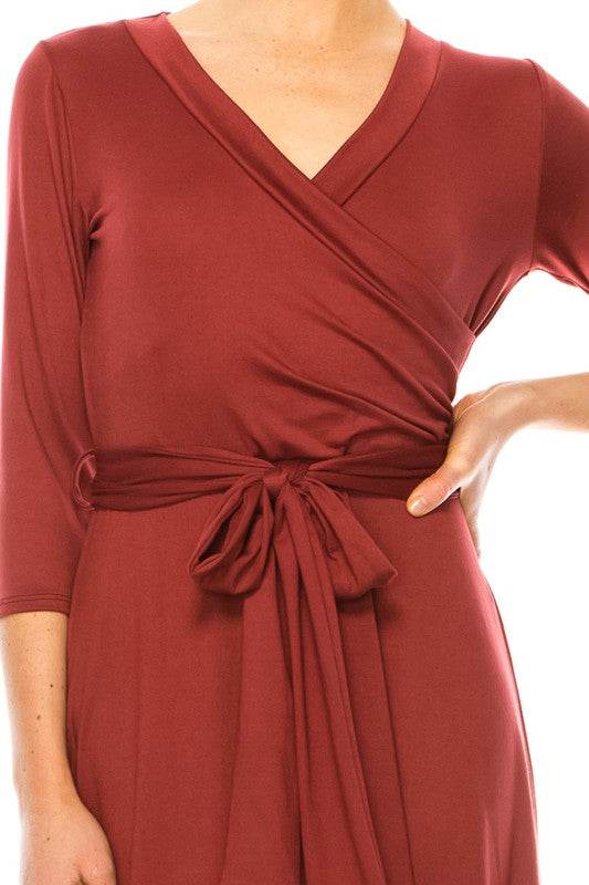 Solid faux wrap dress with deep V-neck - Shop Style & More | Fresh Looks, Everyday Deals & Free Shipping