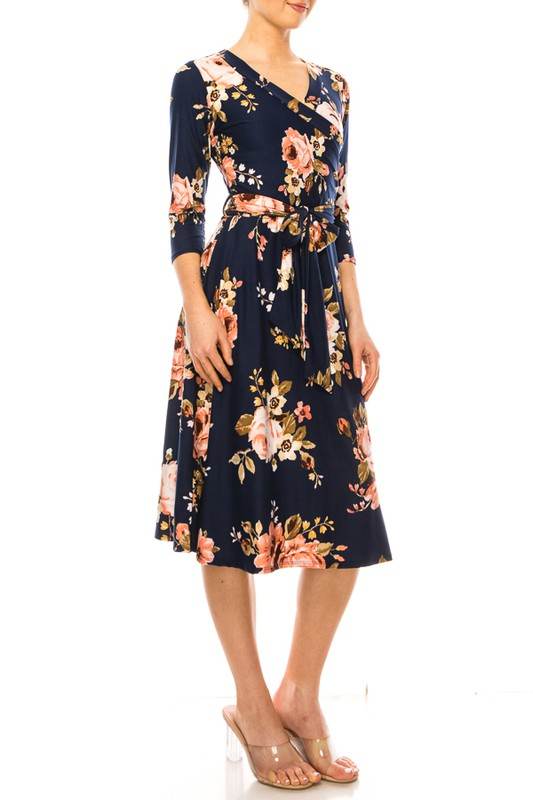 Floral print, faux wrap dress with deep V-neck - Shop Style & More | Fresh Looks, Everyday Deals & Free Shipping