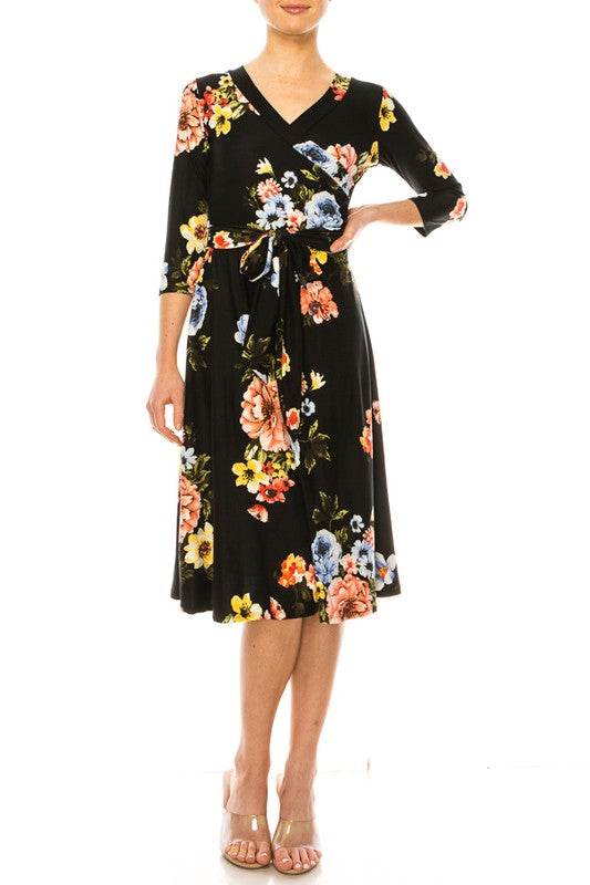 Floral print, faux wrap dress with deep V-neck - Shop Style & More | Fresh Looks, Everyday Deals & Free Shipping