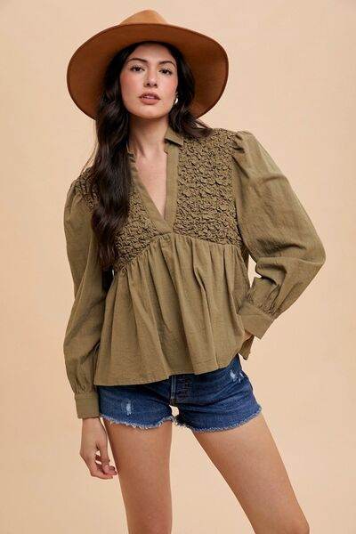 Annie Wear Smocked Front Long Sleeve Babydoll Blouse - Shop Style & More | Fresh Looks, Everyday Deals & Free Shipping