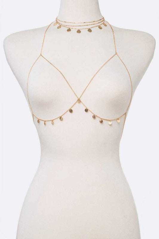 2 In 1 Fringe Disk Bra Chain Set Gold O S Jewelry - Body Jewelry