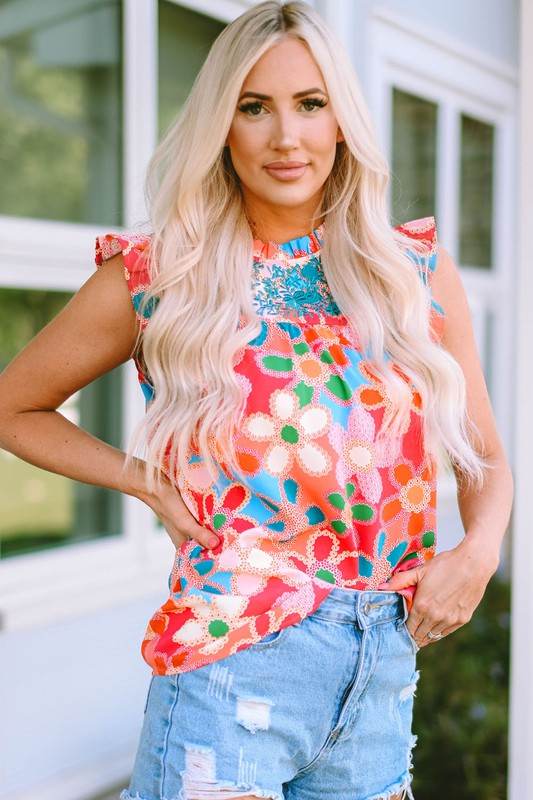 Embroidered Detail Floral Print RuffleTank Top - Shop Style & More | Fresh Looks, Everyday Deals & Free Shipping