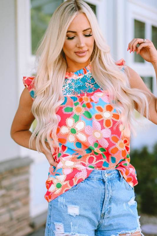 Embroidered Detail Floral Print RuffleTank Top - Shop Style & More | Fresh Looks, Everyday Deals & Free Shipping
