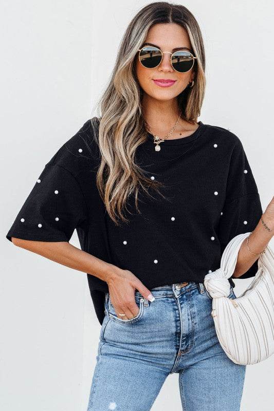 Demi Pearl Beaded Drop Shoulder Crewneck Top - Shop Style & More | Fresh Looks, Everyday Deals & Free Shipping