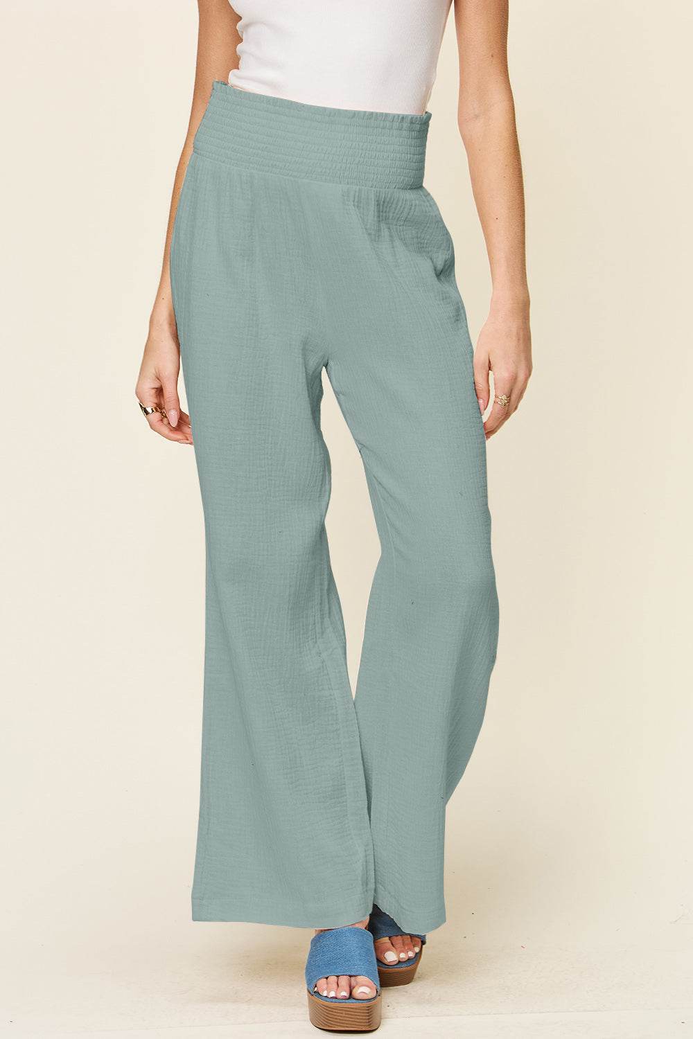 Double Take Full Size Texture Smocked Waist Wide Leg Pants - Shop Style & More | Fresh Looks, Everyday Deals & Free Shipping