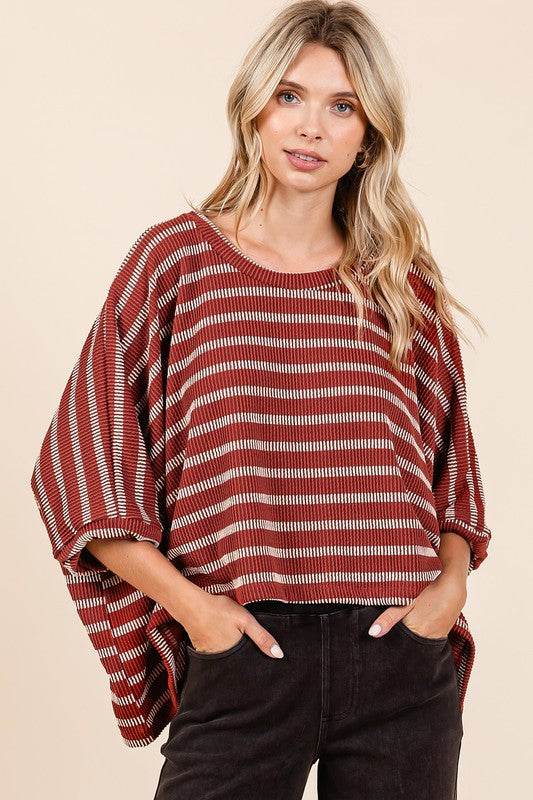 Mittoshop Texture Striped Print Round Neck Dolman Sleeve Top - Shop Style & More | Fresh Looks, Everyday Deals & Free Shipping