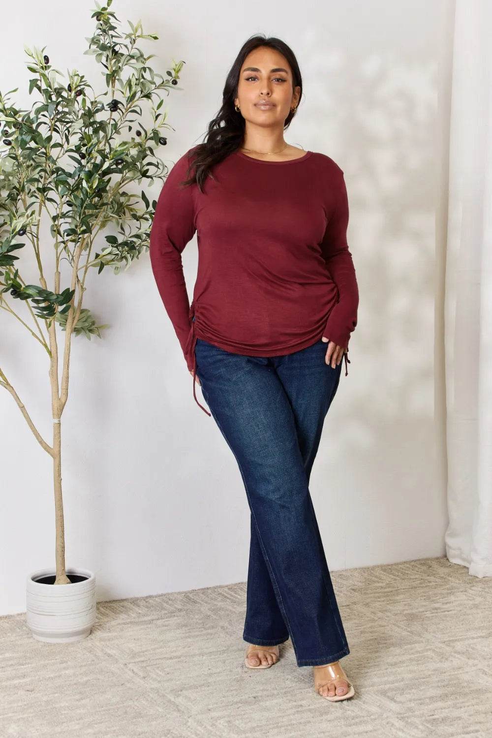 Culture Code Full Size Drawstring Round Neck Long Sleeve Top - Shop Style & More | Fresh Looks, Everyday Deals & Free Shipping