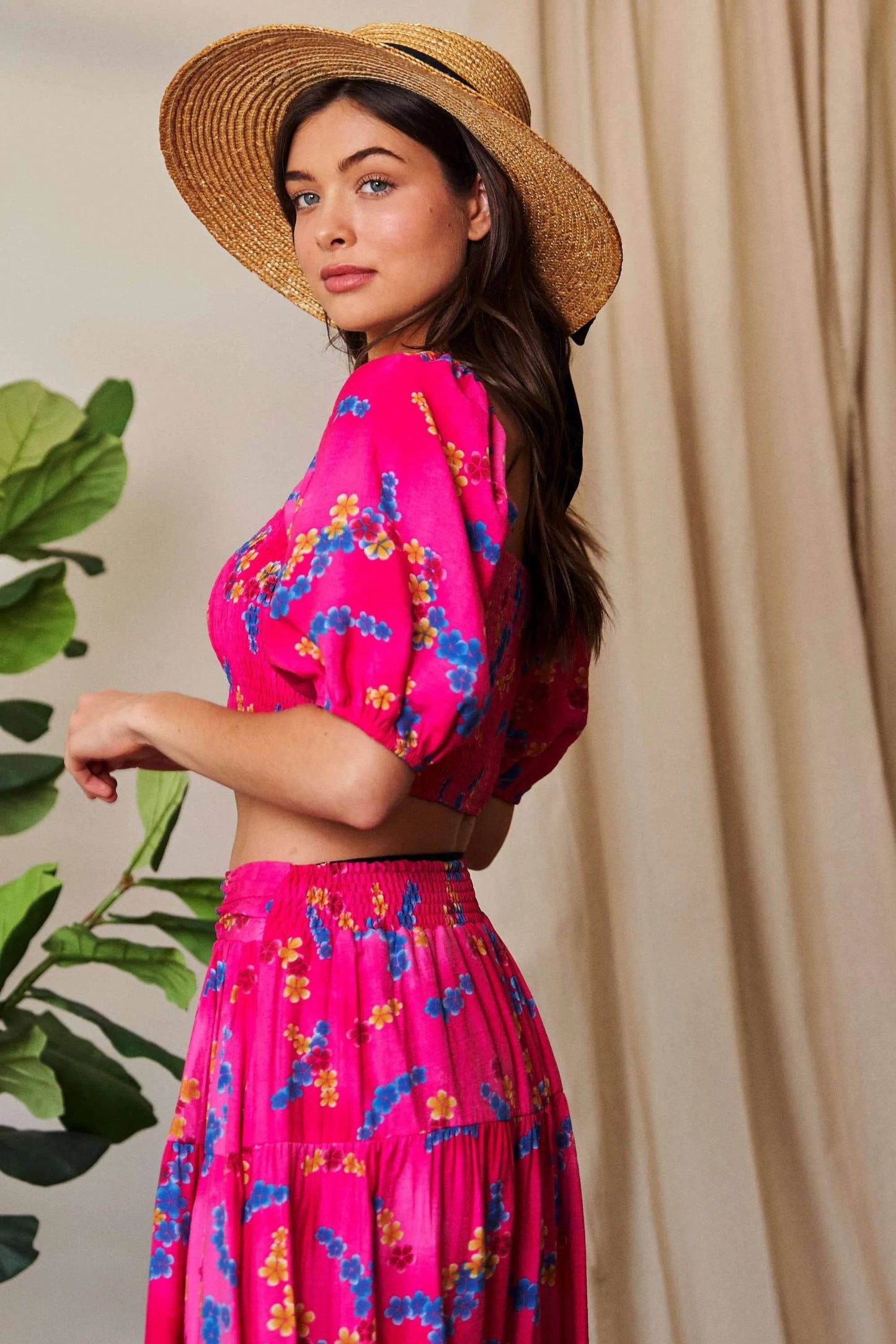 Davi & Dani Smocing Bodice Puff Short Sleeve Printed Crop Top - Shop Style & More | Fresh Looks, Everyday Deals & Free Shipping