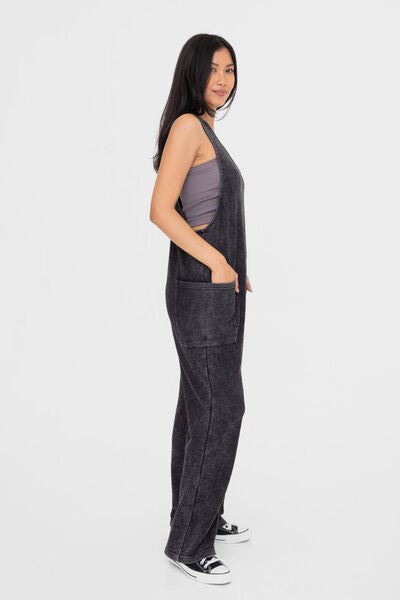 Mono B Mineral-Washed V Neck Overalls with Pockets Jumpsuits
