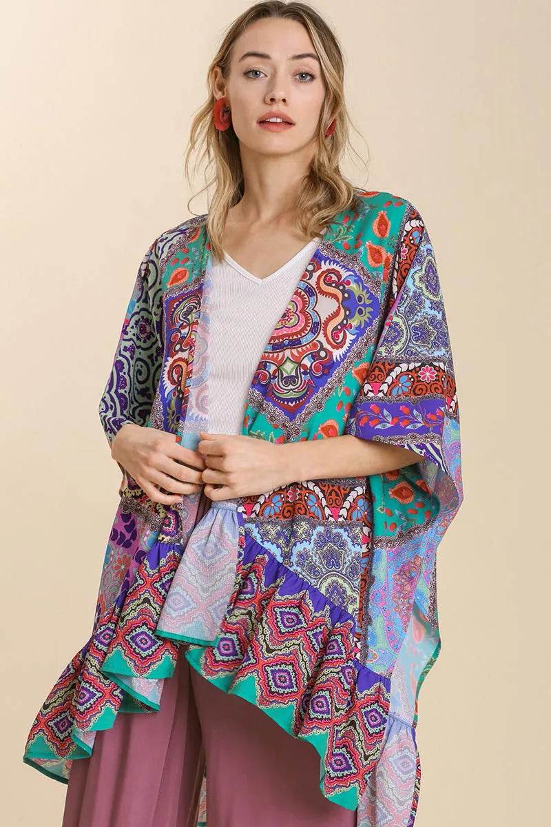 Umgee Full Size Mixed Print Ruffle Hem Open Front Cover Up Plus Size - Shop Style & More | Fresh Looks, Everyday Deals & Free Shipping