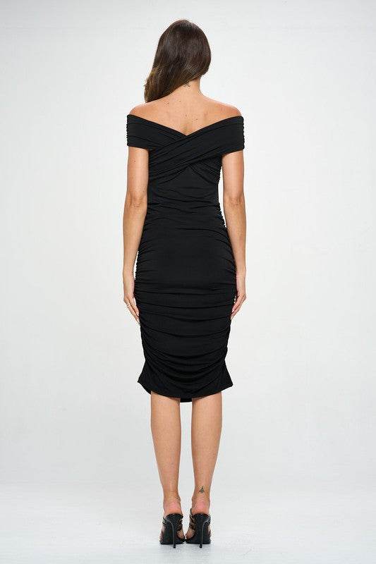 Solid Off Shoulder Midi Bodycon Dress with Ruched - Shop Style & More | Fresh Looks, Everyday Deals & Free Shipping