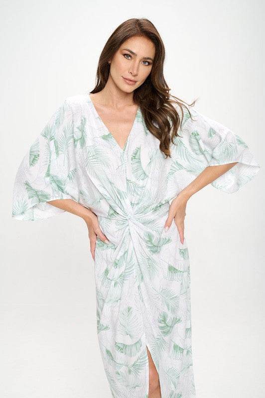 Tropical Leaf Print Kimono Dress with Front Twist - Shop Style & More | Fresh Looks, Everyday Deals & Free Shipping
