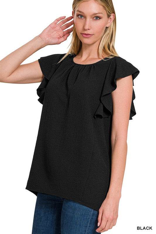 Woven Bubble Airflow Flutter Sleeve Top - Shop Style & More | Fresh Looks, Everyday Deals & Free Shipping