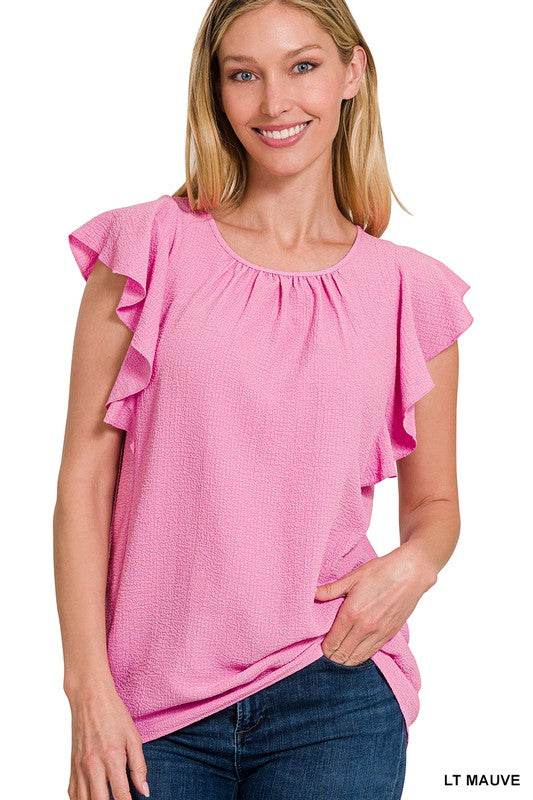 Woven Bubble Airflow Flutter Sleeve Top - Shop Style & More | Fresh Looks, Everyday Deals & Free Shipping
