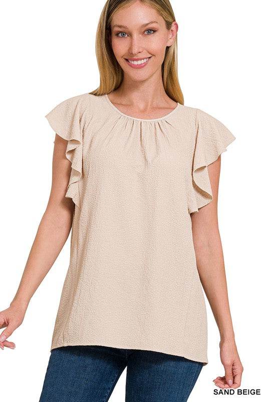 Woven Bubble Airflow Flutter Sleeve Top - Shop Style & More | Fresh Looks, Everyday Deals & Free Shipping