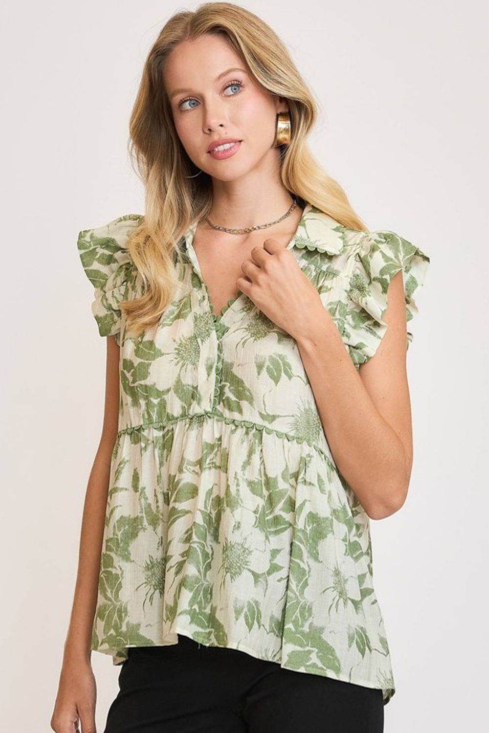 Umgee Full Size Botanical Print Babydoll Top Plus Size - Shop Style & More | Fresh Looks, Everyday Deals & Free Shipping