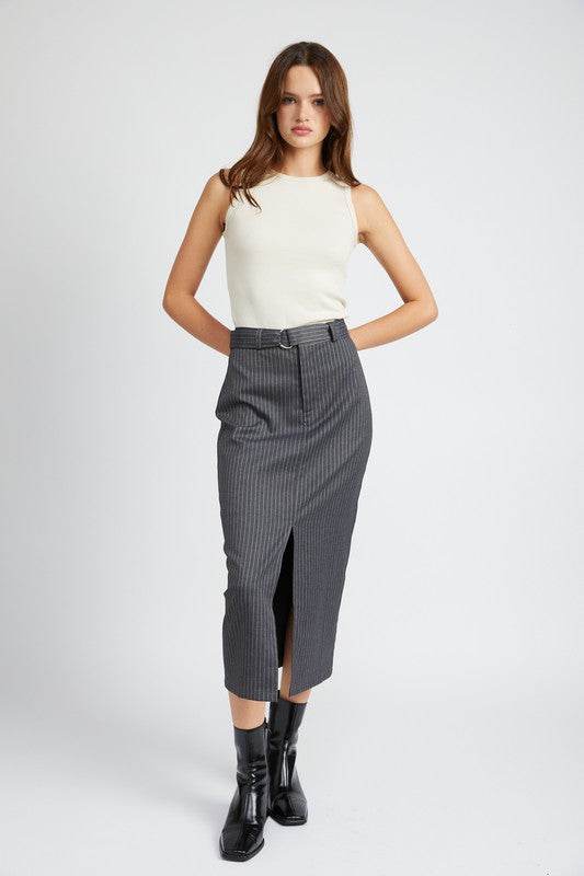 PINSTRIPE MIDI SKIRT WITH SLIT - Shop Style & More | Fresh Looks, Everyday Deals & Free Shipping