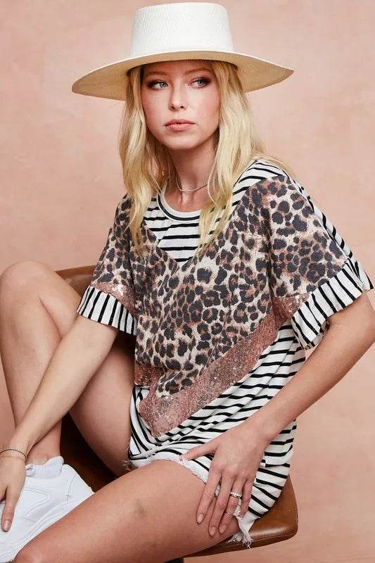 BiBi Stripe Rayon Span Knit Color Block Top With Leopard - Shop Style & More | Fresh Looks, Everyday Deals & Free Shipping