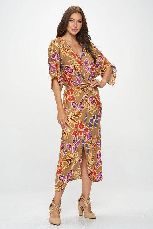 Leaf Print Kimono Dress with Front Twist - Shop Style & More | Fresh Looks, Everyday Deals & Free Shipping
