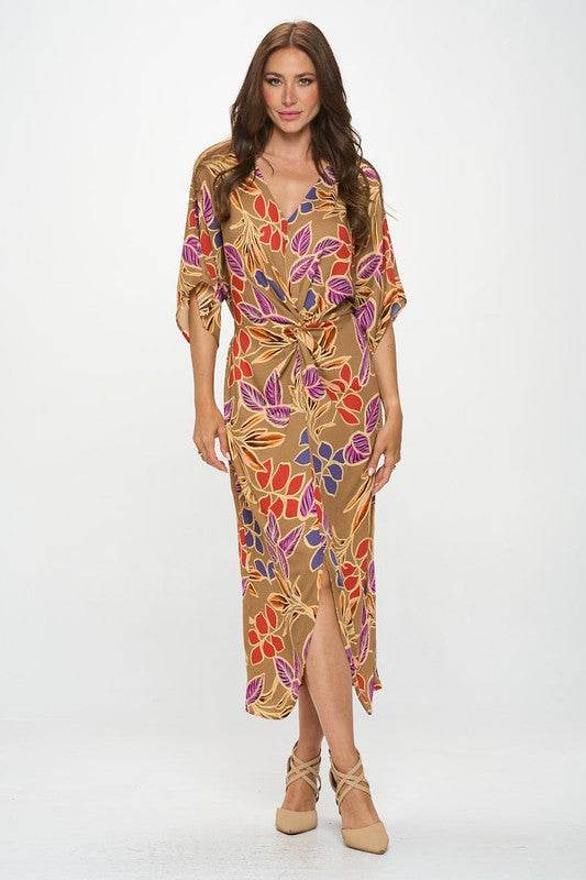 Leaf Print Kimono Dress with Front Twist - Shop Style & More | Fresh Looks, Everyday Deals & Free Shipping