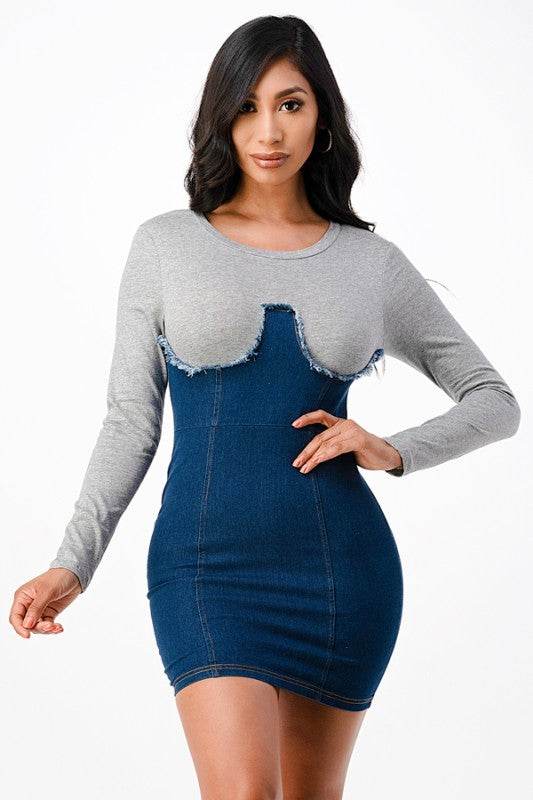 Long sleeve Denim dress with rib fabric 25987 - Shop Style & More | Fresh Looks, Everyday Deals & Free Shipping