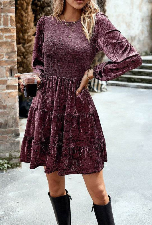 Long sleeve smocked velvet dress - Shop Style & More | Fresh Looks, Everyday Deals & Free Shipping