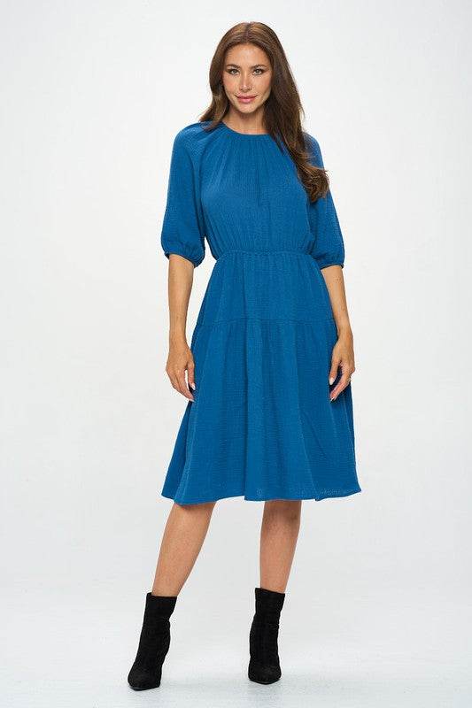 Made in USA Cotton 3/4 Sleeve Tiered Midi Dress - Shop Style & More | Fresh Looks, Everyday Deals & Free Shipping