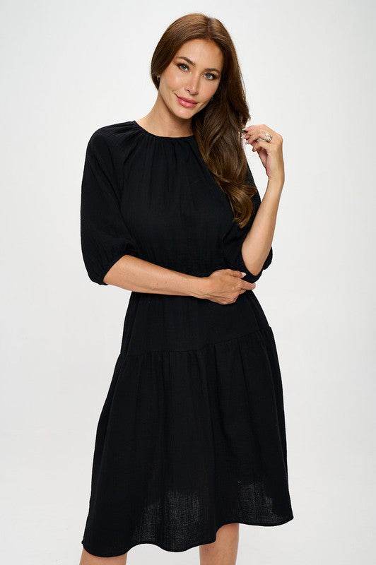 Made in USA Cotton 3/4 Sleeve Tiered Midi Dress - Shop Style & More | Fresh Looks, Everyday Deals & Free Shipping