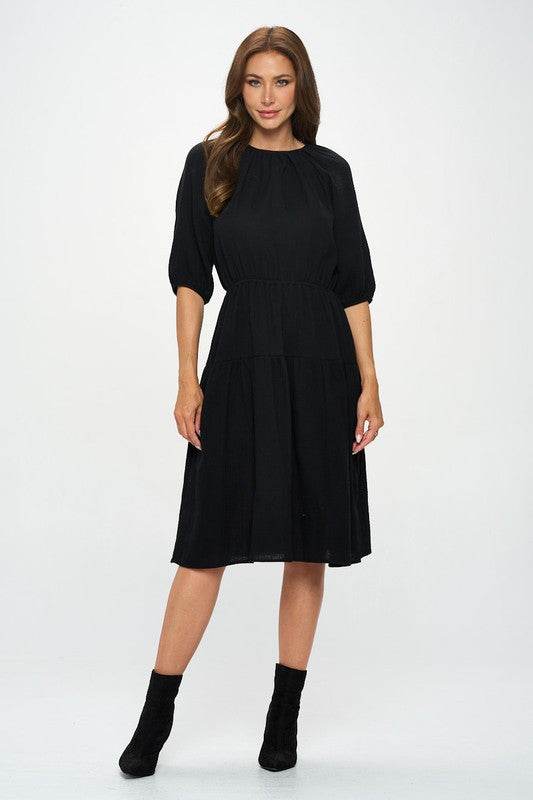 Made in USA Cotton 3/4 Sleeve Tiered Midi Dress - Shop Style & More | Fresh Looks, Everyday Deals & Free Shipping