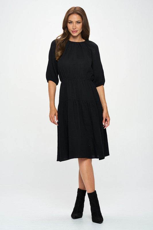 Made in USA Cotton 3/4 Sleeve Tiered Midi Dress - Shop Style & More | Fresh Looks, Everyday Deals & Free Shipping