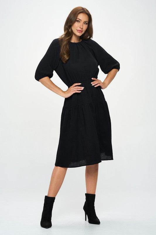Made in USA Cotton 3/4 Sleeve Tiered Midi Dress - Shop Style & More | Fresh Looks, Everyday Deals & Free Shipping