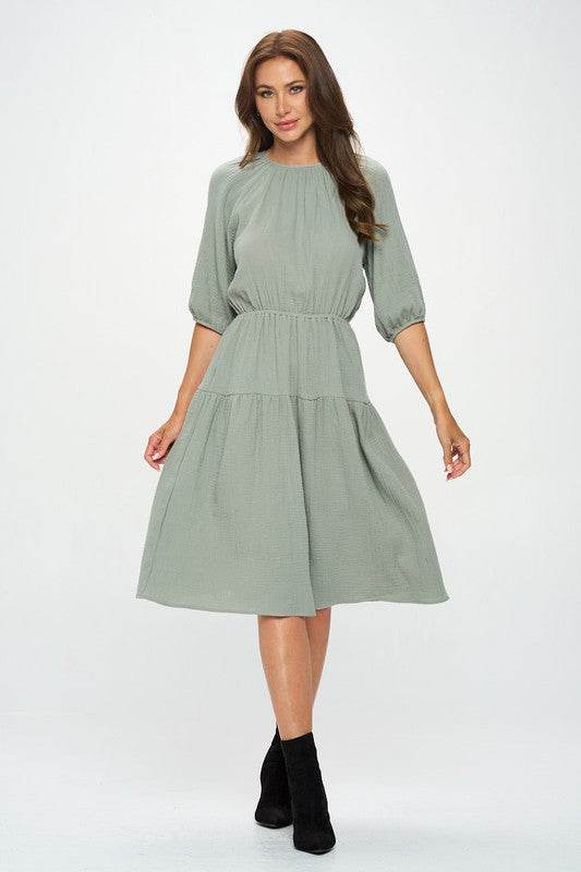 Made in USA Cotton 3/4 Sleeve Tiered Midi Dress - Shop Style & More | Fresh Looks, Everyday Deals & Free Shipping
