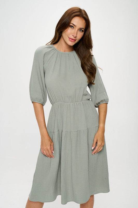 Made in USA Cotton 3/4 Sleeve Tiered Midi Dress - Shop Style & More | Fresh Looks, Everyday Deals & Free Shipping