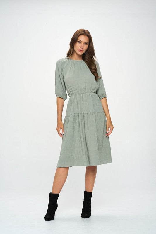 Made in USA Cotton 3/4 Sleeve Tiered Midi Dress - Shop Style & More | Fresh Looks, Everyday Deals & Free Shipping