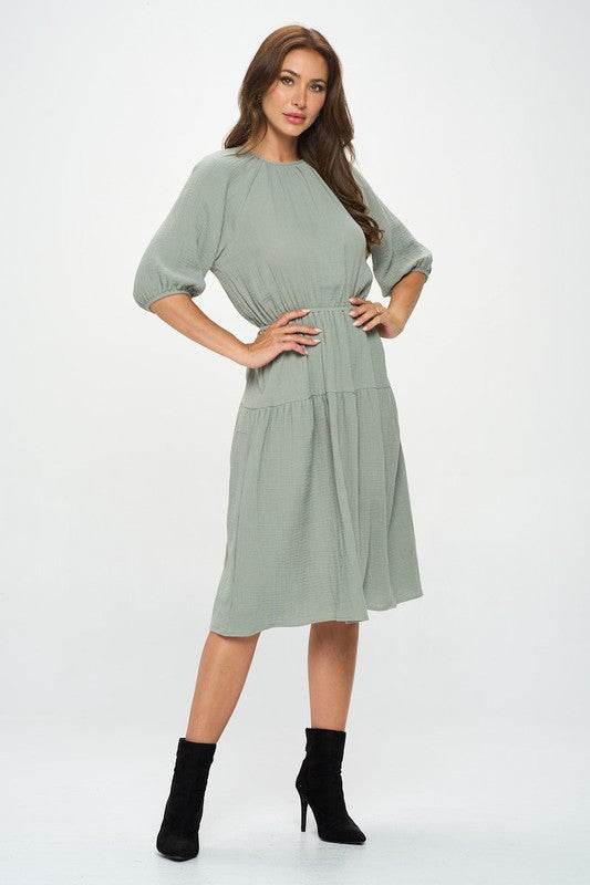 Made in USA Cotton 3/4 Sleeve Tiered Midi Dress - Shop Style & More | Fresh Looks, Everyday Deals & Free Shipping