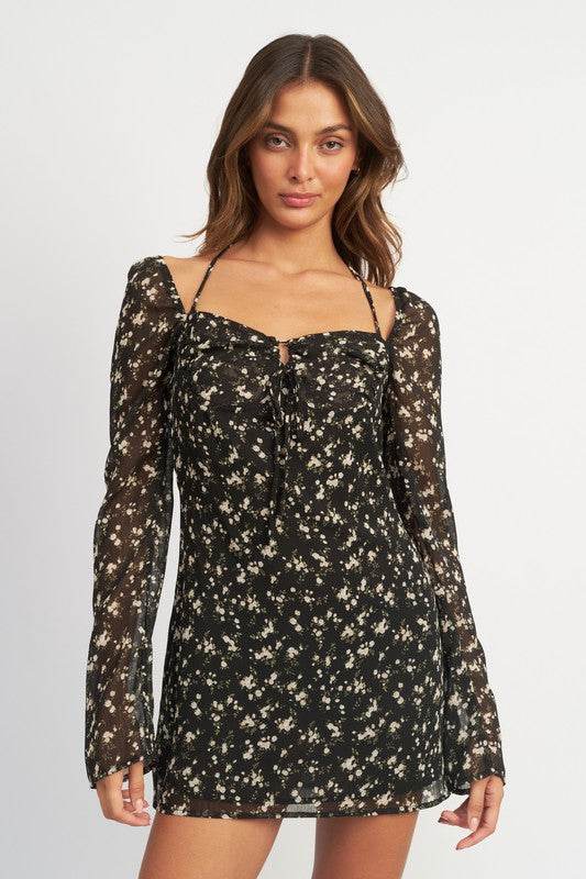 FLORAL LONG SLEEVE DRESS WITH HALTER DETAIL - Shop Style & More | Fresh Looks, Everyday Deals & Free Shipping