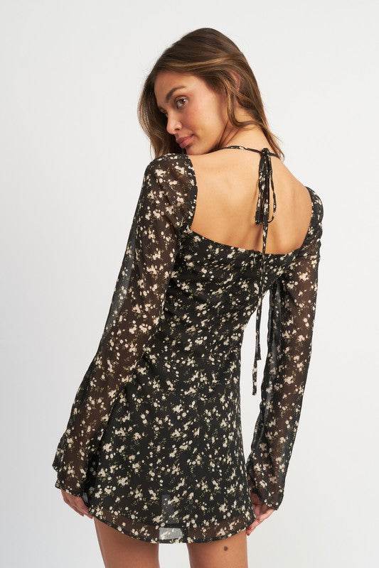 FLORAL LONG SLEEVE DRESS WITH HALTER DETAIL - Shop Style & More | Fresh Looks, Everyday Deals & Free Shipping