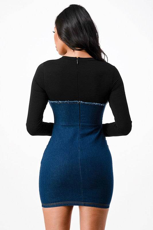 Long sleeve Denim dress with rib fabric 25987 - Shop Style & More | Fresh Looks, Everyday Deals & Free Shipping
